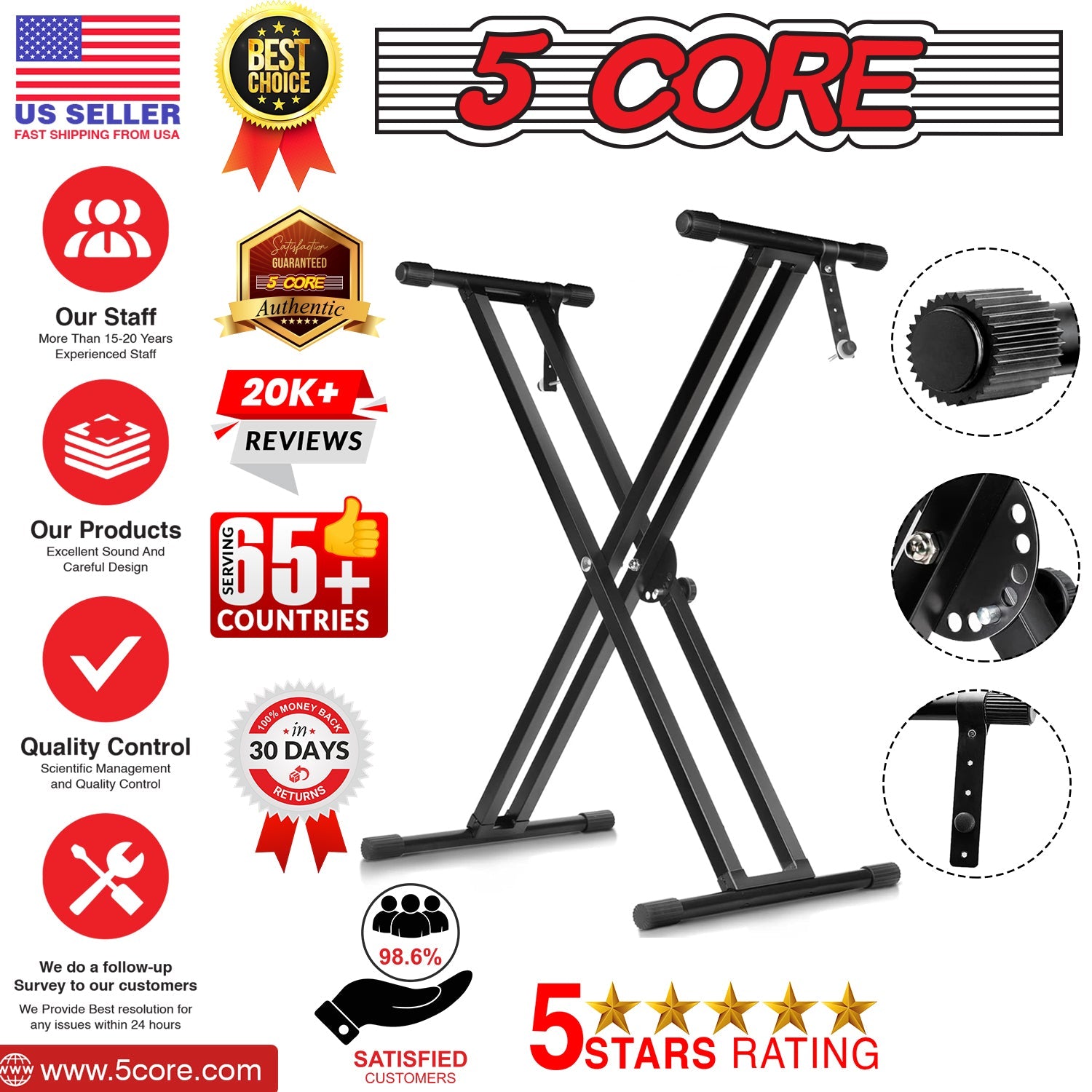 5Core Keyboard Stand Double X Style Adjustable Lift Piano Riser For 49